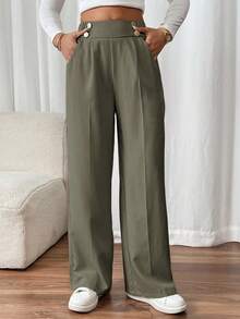 SHEIN PETITE CURVE 大码女式双扣直筒优雅通勤裤 - 軍綠色 - 查看 4