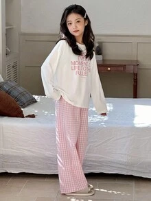 DAZY 2 件套青少年女孩圆领针织印花长袖 T 恤 + 编织格子裤家居服套装，秋季 - 粉色 - 查看 4
