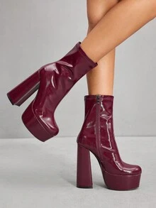 CUCCOO SZL Wine Red Square Toe Chunky Heel Waterproof Platform Elastic Minimalist Formal Side Zipper Ankle Boots & Short Boots For Women For Christmas - Burgundy - View 2
