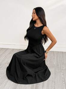 SHEIN PETITE 女士长款休闲度假无袖纯黑色连衣裙，宽松版型，适合返校、复古风格、教师节、小码版型 - 黑色 - 查看 6