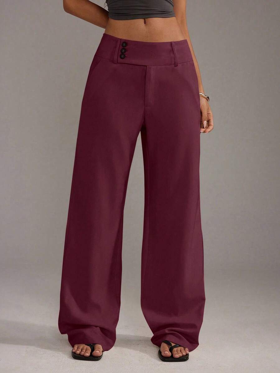 SHEIN Tall 女士纯色腰部纽扣设计阔腿宽松休闲裤 - 酒紅色 - 查看 1