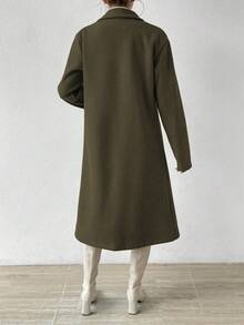 RosyDaze 女士纯色翻领长袖双排扣长款休闲羊毛大衣，秋冬 - 軍綠色 - 查看 2