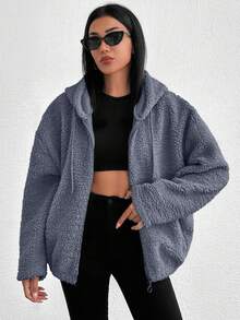 EURMUSE 100%Cotton Zip Up Drop Shoulder Hooded Teddy Jacket Fleece - Blue - View 7