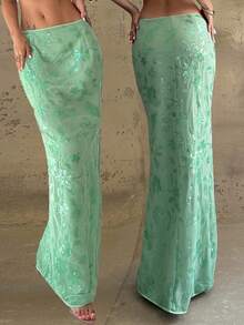 Firerie 优雅亮片刺绣美人鱼裙，亮片装饰女士 A 字裙，简约时尚，适合休闲日和派对舞会，奢华女士婚礼季节，优雅亮片刺绣修身低腰长款薄荷绿裙子，低腰亮片长裙 - 薄荷色蜜月女士婚礼宾客海岛度假造型毕业 - 綠色 - 查看 9