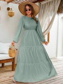 EURMUSE LANTERN LONG SLEEVE LAYERED LONG DRESS - Mist Green - View 6