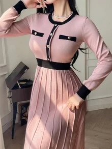 DAZY 女士优雅圆领纽扣腰针织毛衣连衣裙（配领带），秋冬 - 粉色 - 查看 5