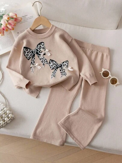 Genkimix Kids 2pcs/Set Toddler Girls Casual Leopard Print Bow Knitted Sweater Top And Flare Pants Outfit, Loose Fit Comfortable For Daily Wear And Children Party Fall Winter