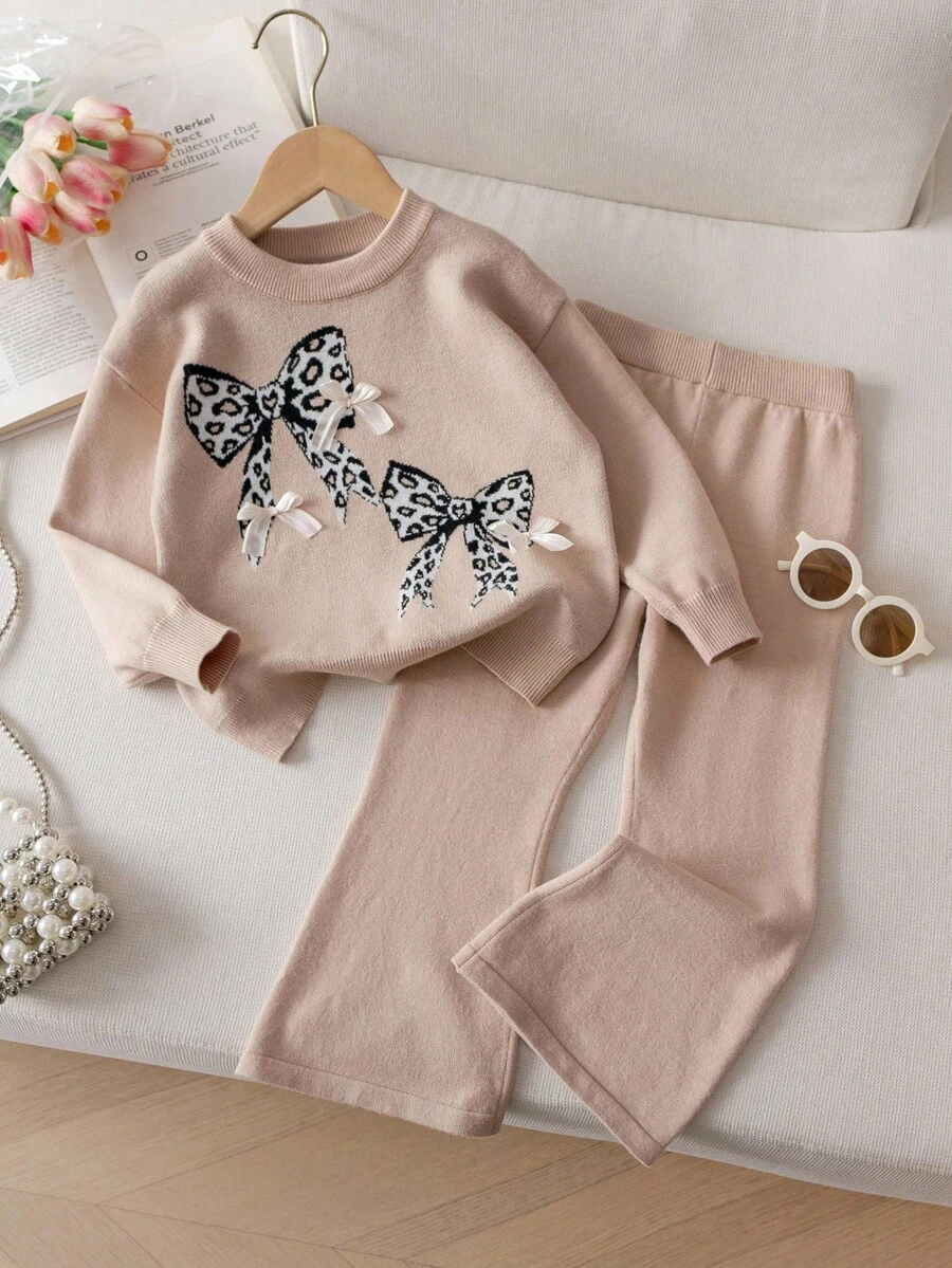 SHEIN 2pcs/Set Young Girl Leopard Print Bow Knitted Sweater Top And ...