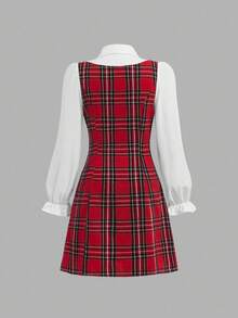 SHEIN Tween Girls' Vintage French Plaid Ruffle Trim Fitted Christmas Red Dress, Suitable For Christmas, Parties, Casual Wear, Autumn/Winter Fall - Red - View 3