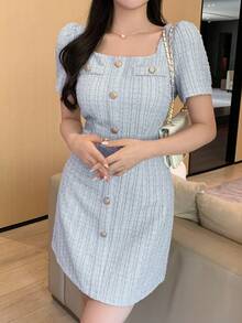 DAZY 方领纹理纽扣装饰女式短裙 - 淺藍色 - 查看 8