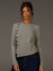 Athîral Women's Heather Grey Ribbed Knit Asymmetrical Hem T-Shirt | Soft Stretch Lightweight Yarn, Cozy Textured Feel, Slim Relaxed Fit, Classic Round Neck, Long Fitted Sleeves, Contrast Decorative Buttons, Asymmetric Hemline Detail, Business Layering & Effortless Comfort, Perfect For Spring, Fall, Transitional Seasons - Coffee Brown - View 2