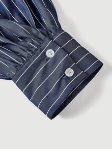 SHEIN MOD Plus Size Navy Blue Contrast Striped Patchwork Asymmetric Hem Split Crop Top Shirt/Fall/Winter