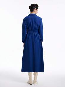 Lyxana 女式春秋纯色长袖单排扣长款休闲衬衫连衣裙长款女装 - 藍色 - 查看 4