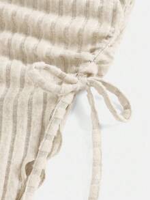 Girlism 少女杏色抽绳不对称下摆喇叭袖T恤，舒适秋季穿着