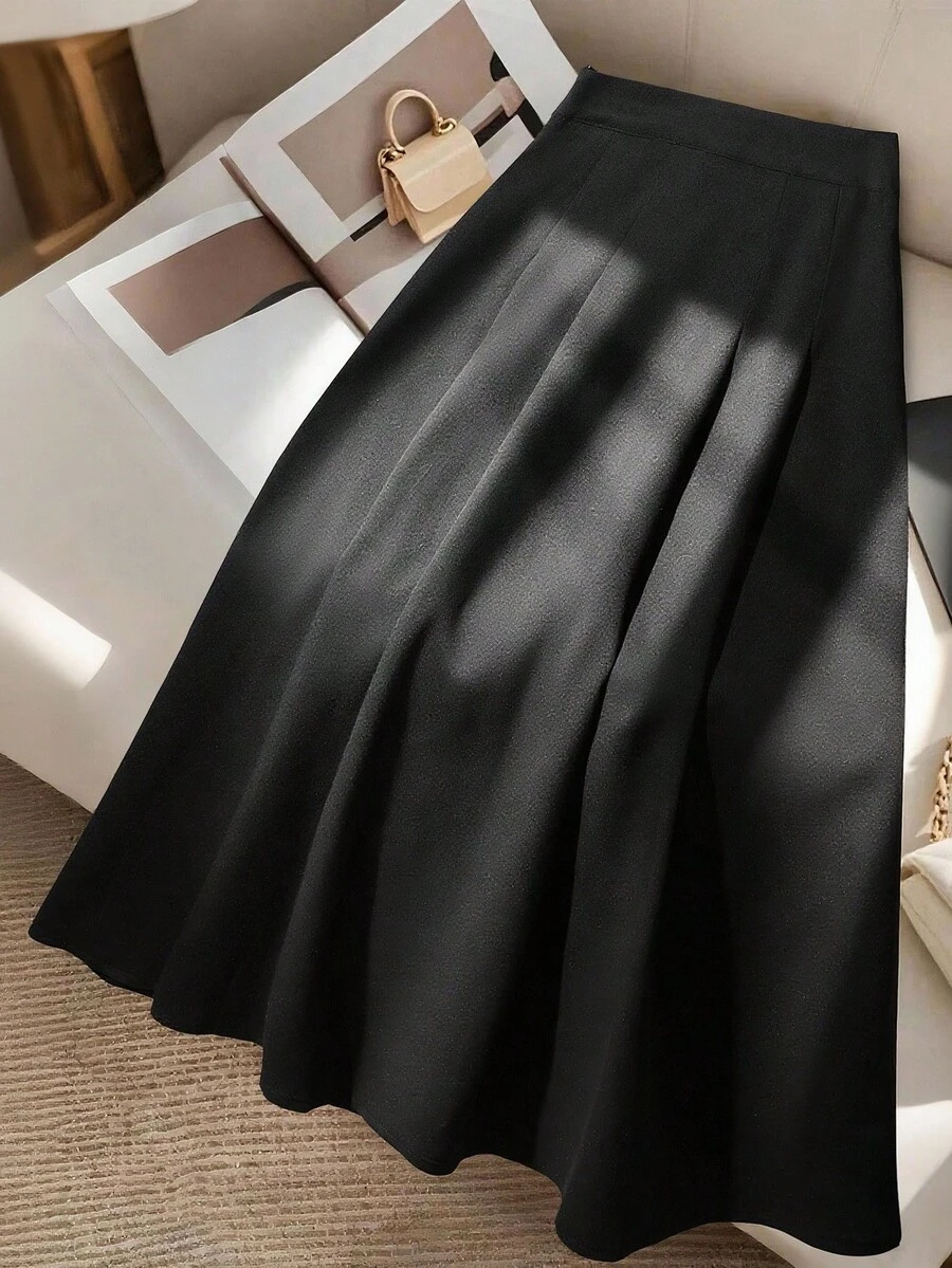 Modelyn 优雅高腰百褶中裙，时尚百搭 - 黑色 - 查看 1