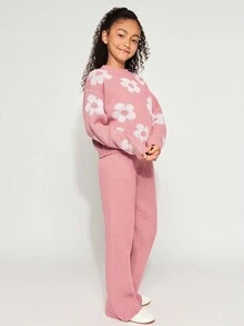 Radiana Tween Girl 休闲花卉提花超大套头衫和阔腿裤 2 件套，适合室内和室外，粉色，秋冬 - 藕粉色 - 查看 3