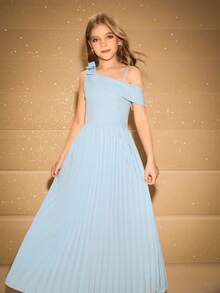Elegant Light Blue Bowknot Fitted Dress For Tween Girls,Summer Luxurious Wedding Guest Gown For Evening Party,Halloween,Christmas,Graduation,Prom - Blue - View 6