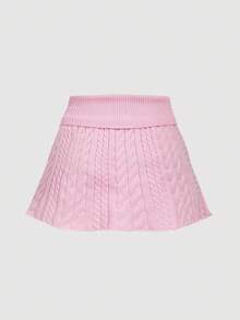 SHEIN MOD Women's Autumn Cable Cable Pattern Waist Fold Knitted Short Skirt,Halloween,Back To School,Y2k - Pink - View 2