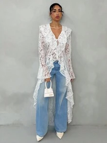 Glamine Spring & Summer Romantic Vacation Ruffled Elegant Lace See-Through Women's Long Thin Coat,Vacation Outfits Woman Summer Tops ,Summer Outfits For Women Business Casual Woman,White Cardigan Women, Lace Top Women Tops Summer Boho Outfits Women Fall Winter Cloth For Women
