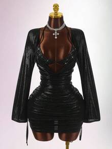 Amplova 2件套女士时尚长袖性感衬衫套装 - 黑色 - 查看 4