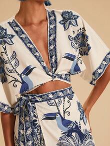 Travachic 2件套女士度假印花短款上衣和高腰裙裤 - 藍白色 - 查看 7
