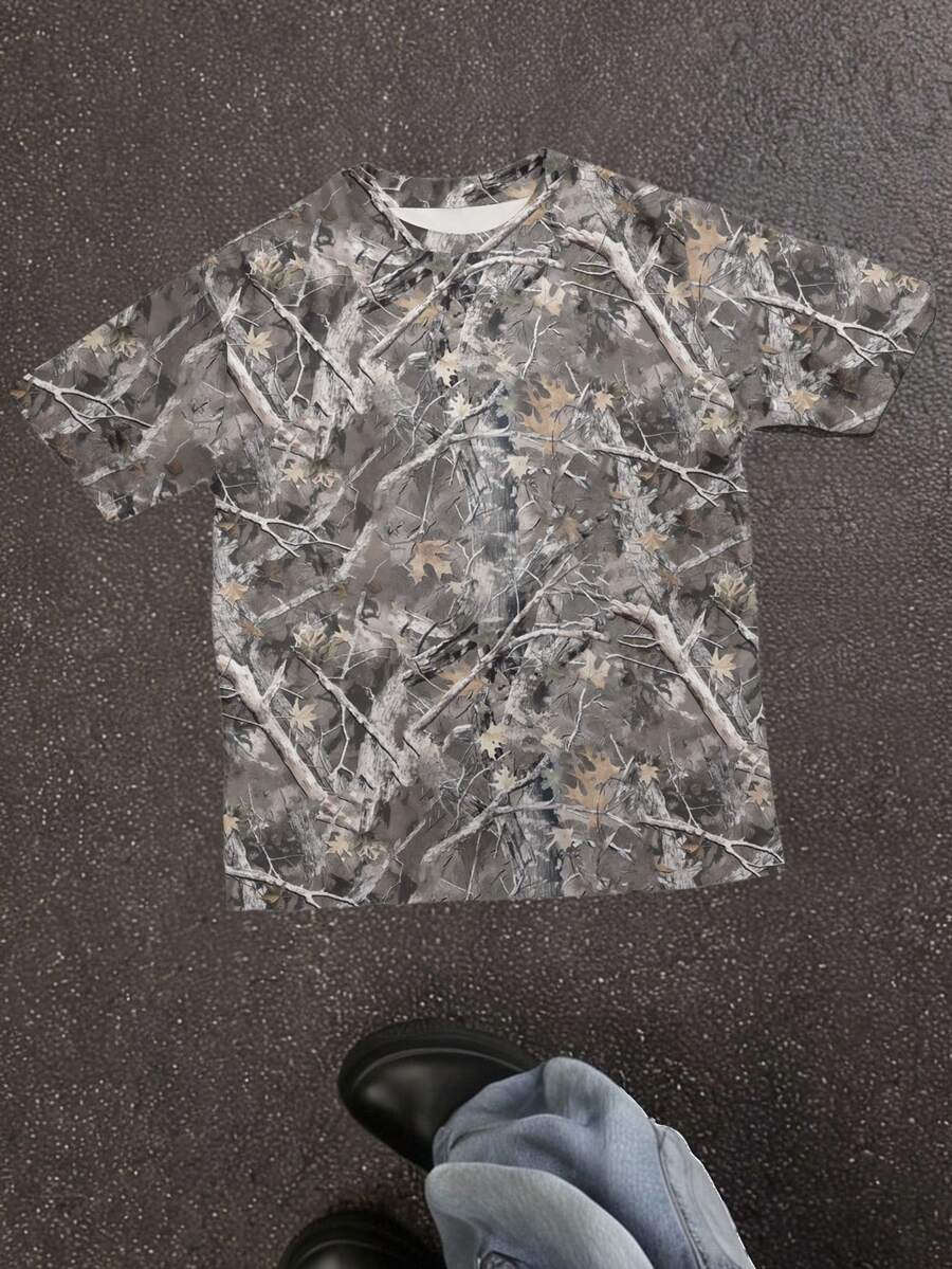 SHEIN Bolty Camo, Dry Leaves Print Casual Minimalist Short Sleeve Crew Neck T-Shirt, Suitable For Summer, Tween Boys - Multicolor - View 1