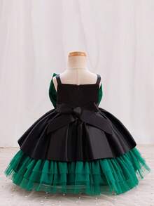 Glamorique Kids Baby Girls'Sleeveless Strap Black & Green Color Block Bow Decor Party Dress,Elegant Summer Evening Wedding Guest Emerald Green Tulle Tutu Skirt Dress - Black - View 2