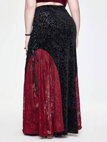 ROMWE EDITION Plus Size Gothic Elegant Velvet Embossed Damask Lace Patchwork Mermaid Skirt - Black - View 3