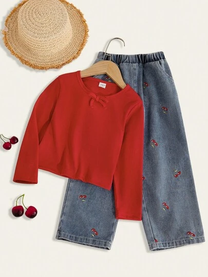 少女纯色长袖上衣和樱桃刺绣牛仔裤套装