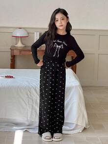 DAZY 2 件 Tween Girl 图案印花圆领长袖 T 恤和全印花裤家居服套装，秋季 - 黑色 - 查看 4