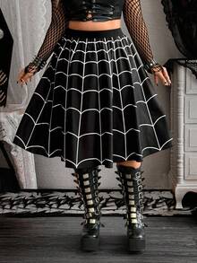 Whyspr Váy xòe cạp chun co giãn phong cách mạng nhện Gothic tối màu cổ điển mới, hóa trang Halloween - Đen và trắng - Xem 5