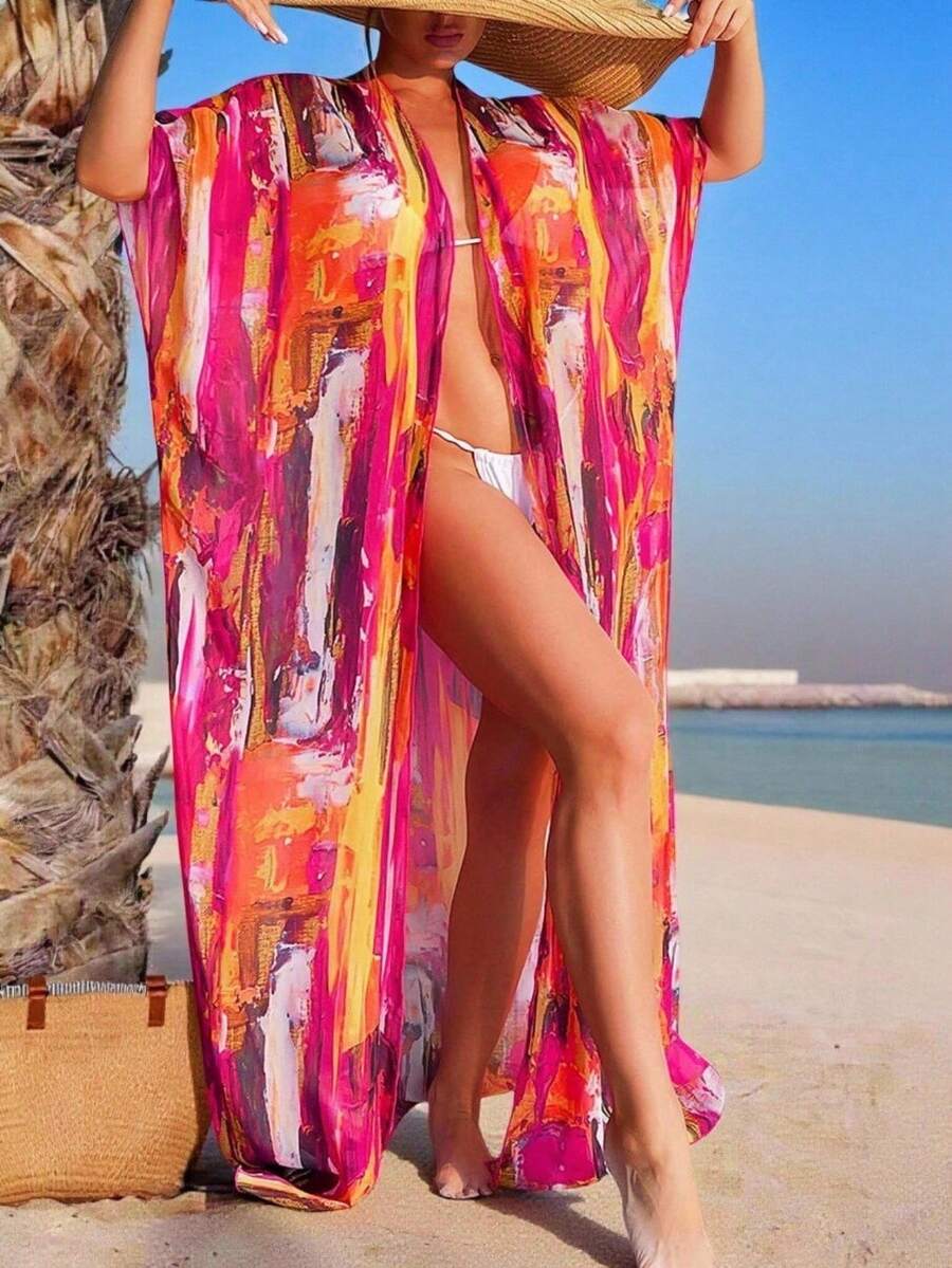 Swim Lushoire Summer Beach Brush Print Batwing Sleeve Open Front Kimono