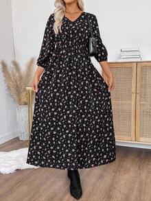 SHEIN LUNE 女款碎花灯笼袖连衣裙 - 黑色 - 查看 6