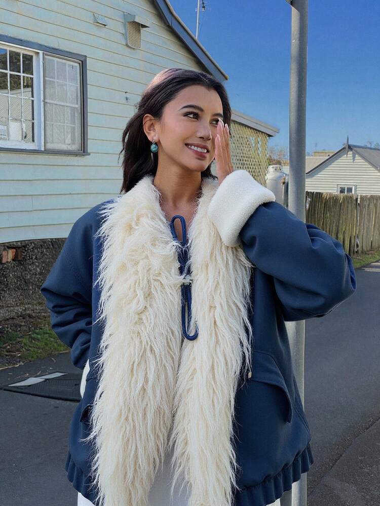 Patchwork Fur Collar Loose Fit Thick Casual Street Wear Padded Coat, Autumn/Winter Jacket