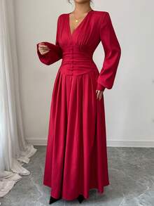 Elenzga Deep V-Neck Design Ruched Waist Elegant Dress, Christmas - Red - View 7
