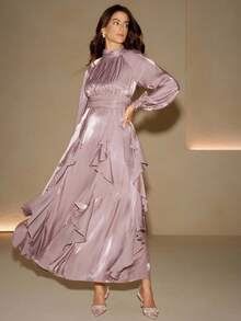 Anewsta 高品质时尚优雅标准尺码女士连衣裙，不对称荷叶边下摆长裙 - 粉色 - 查看 3