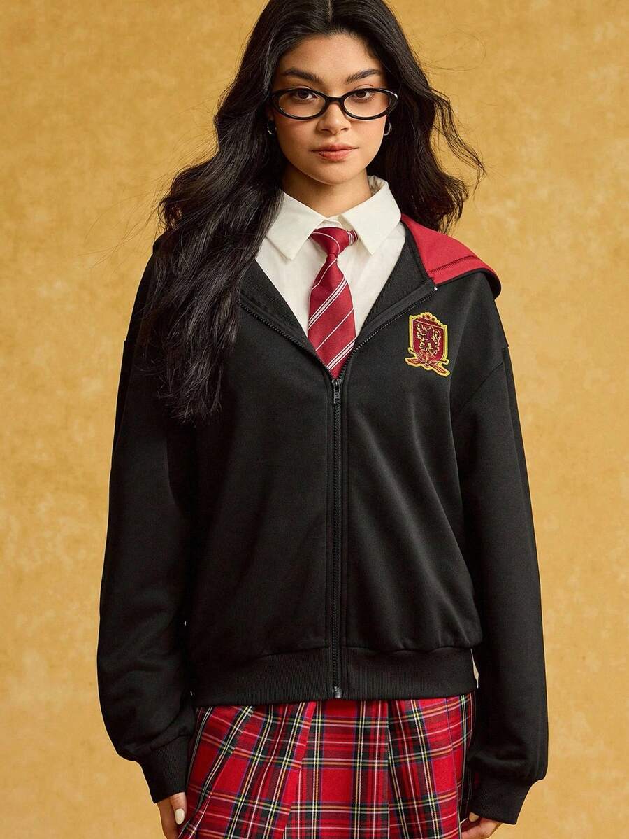 HARRY POTTER X SHEIN Women's Casual Badge Patch Zip-Up Hoodie Sweatshirt, Autumn - Black - View 1