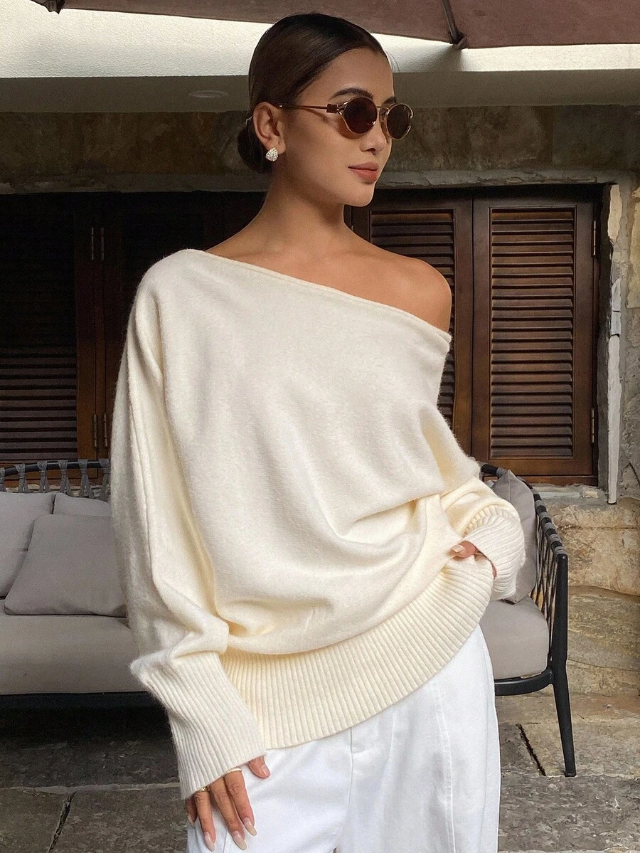 Livesso 女士宽松商务休闲斜领套头针织毛衣，简约时尚办公室穿着，秋冬 - 米色 - 查看 1