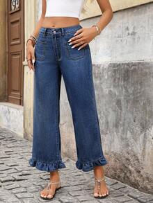 SHEIN PETITE 女士休闲日常荷叶边口袋牛仔裤，夏季 - 深色水洗藍 - 查看 4