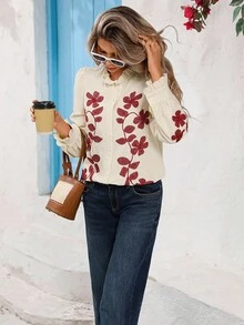 Vivid Eden Symmetrical Floral Embroidered Long Sleeve Blouse With Lace Trim For Women - White - View 6
