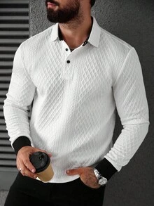 Manfinity CasualCool Herren Kontrast-Farbiges, strukturiertes Langarm Lässig Pendler Weiß Langarm Poloshirt, Old Money, Herbst - Schwarz und Weiss - Übersicht 4