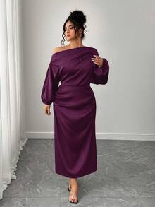 SHEIN Elenzya Plus Size Women Satin Asymmetric Ruffled Cold Shoulder Bodycon A-Line Dress - Purple - View 5