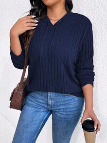 Plus Size Women's Solid Color Hooded Drawstring Drop Shoulder Long Sleeve Casual Ribbed Loose Sweatshirt - Navy Blue - View 3