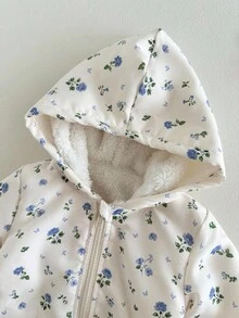 SHEIN 女婴连帽毛绒花卉外套，保暖加厚内衬飞行员夹克，韩版休闲百搭印花拉链外套，适合秋冬季日常穿着