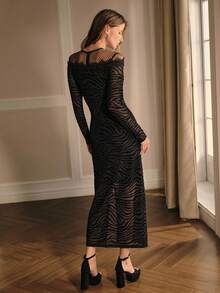 MOTF PREMIUM ZEBRA STRIPED SHEER MESH LACE PANEL SPLIT THIGH LONG DRESS WITHOUT BELT FOR AUTUMN & WINTER - Black - View 4