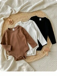 SHEIN Bộ đồ liền thân dệt kim tay dài trơn 3 món cho bé gái - Nhiều màu - Xem 5