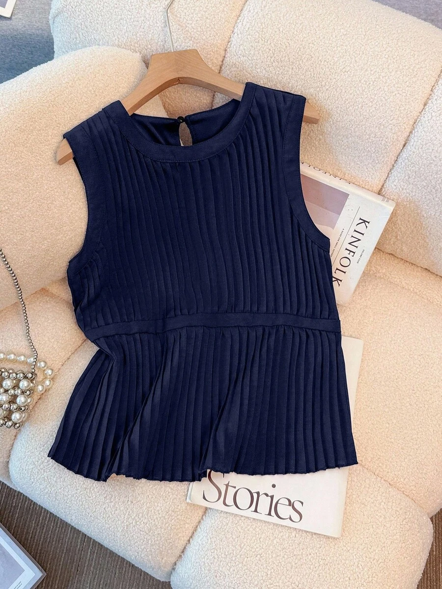 Franclia Sleeveless Pleated Casual/Work Shirt - Navy Blue - View 1
