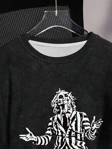 Beetlejuice X SHEIN Women's Crew Neck Long Sleeve Comfortable Casual Washed Horror English Letter Print Graphic Pullover Sweatshirt, Autumn/Winter - White - View 3