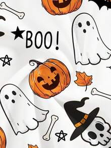 PopScrub Halloween V-Neck Short Sleeve Double Pocket Cute Halloween Pumpkin, Ghost, Witch, Spider, Bat, Pumpkin Lantern Nurse/Doctor Uniform Top/Health Check Surgery Uniform/Solid Color Pet Grooming Uniform Top/Nutritionist Workwear Short Sleeve/Lab Coat With Multi-Pockets Functional Workwear