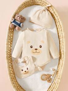 1 Set süßer Bären-Muster Säugling/Neugeborene/Baby/Kinder Unisex Langarm-Jumpsuit mit passendem Hut und Schal, weiches Strickgewebe, thermischer Komfort ohne Schwerkraft, geeignet für Frühling, Sommer, Herbst, Winter Alltagskleidung, Geburtstagsfest, Fotografie, Neuankömmling